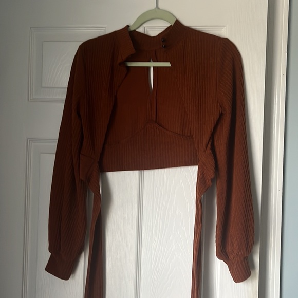 Burnt orange crop top. Ties in the back with Puffy sleeves. Very flattering - Picture 2 of 2